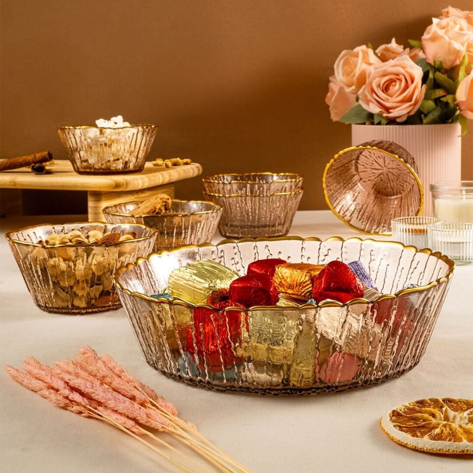 Fecra Fladen 7 Parça Kase Seti Kahve Gold Fileli