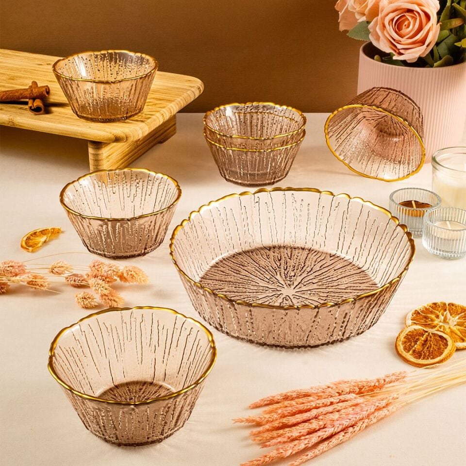 Fecra Fladen 7 Parça Kase Seti Kahve Gold Fileli