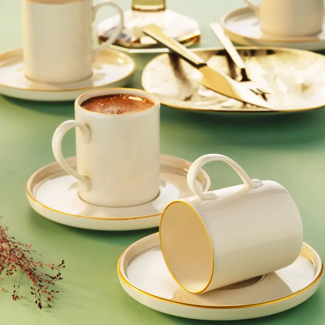 Fecra İnci 12 Parça Kahve Fincan Takımı Gold Fileli
