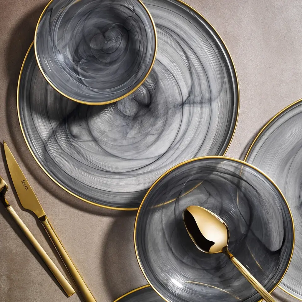 Fecra Loya Siyah 18 Parça Yemek Takımı Gold Fileli