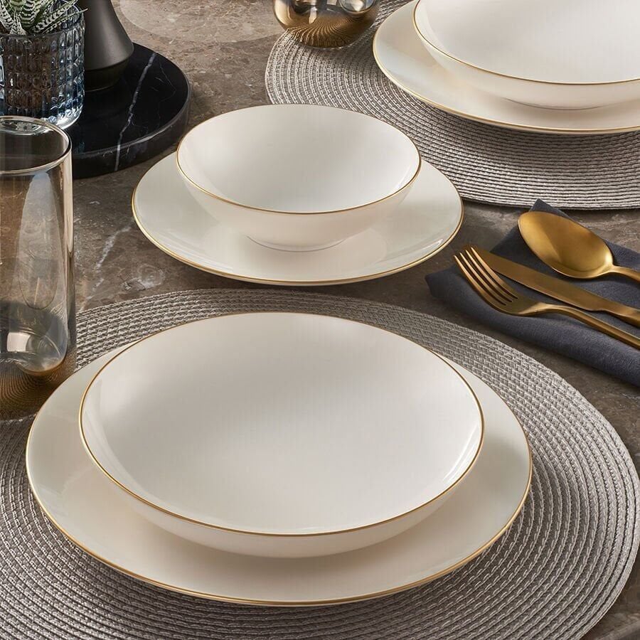 Fecra Bone Premium Aren 16 Parça Porselen Yemek Takımı Altın Fileli