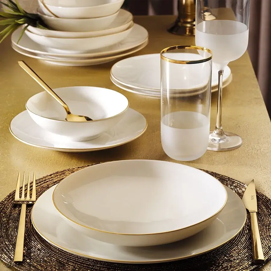 Fecra Bone Premium Aren 16 Parça Porselen Yemek Takımı Altın Fileli