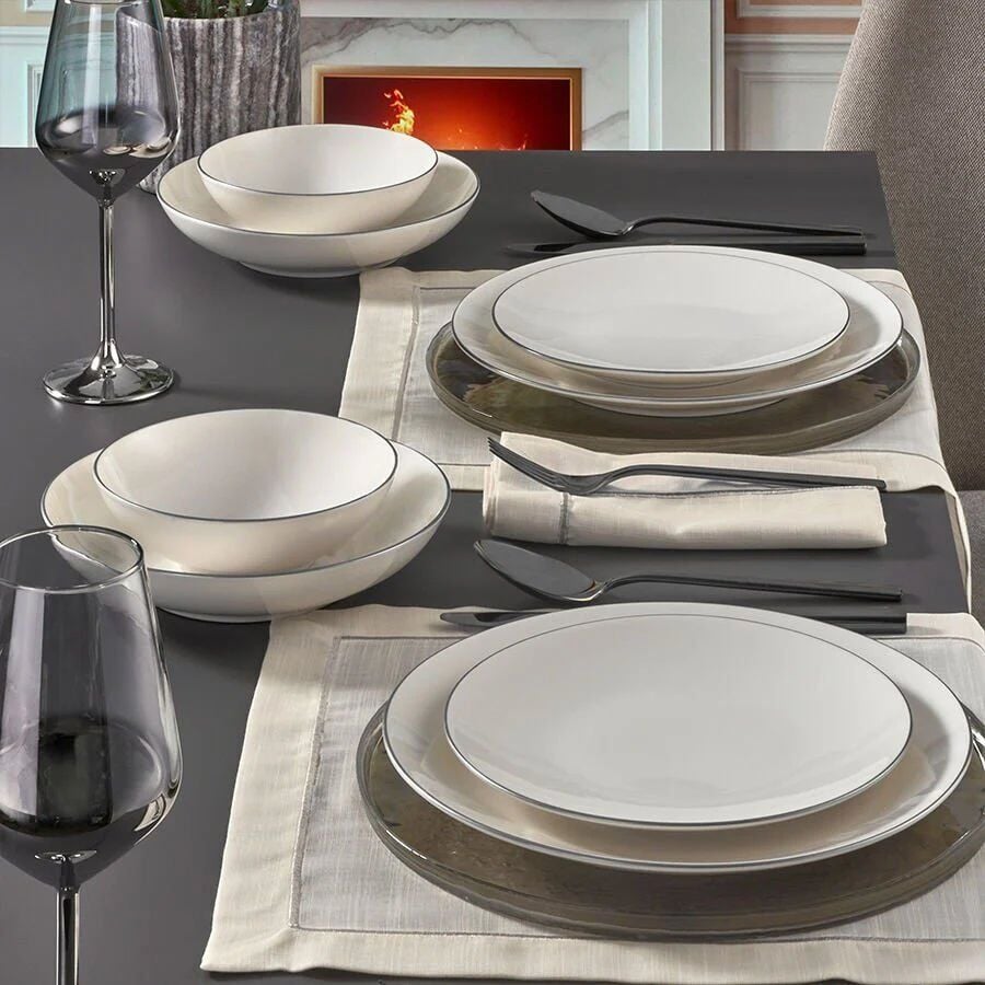 Fecra Bone Premium Aren 16 Parça Porselen Yemek Takımı Gümüş Fileli