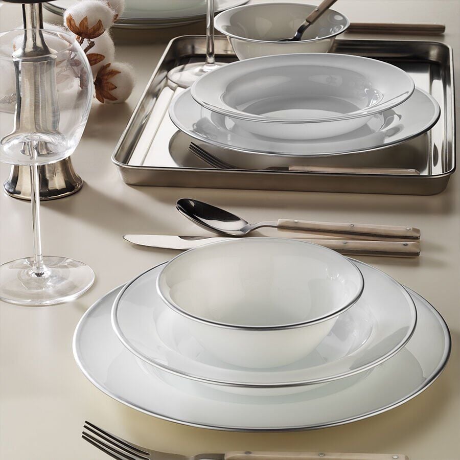 Fecra Glare Beyaz Gümüş Fileli 18 Parça Yemek Takımı