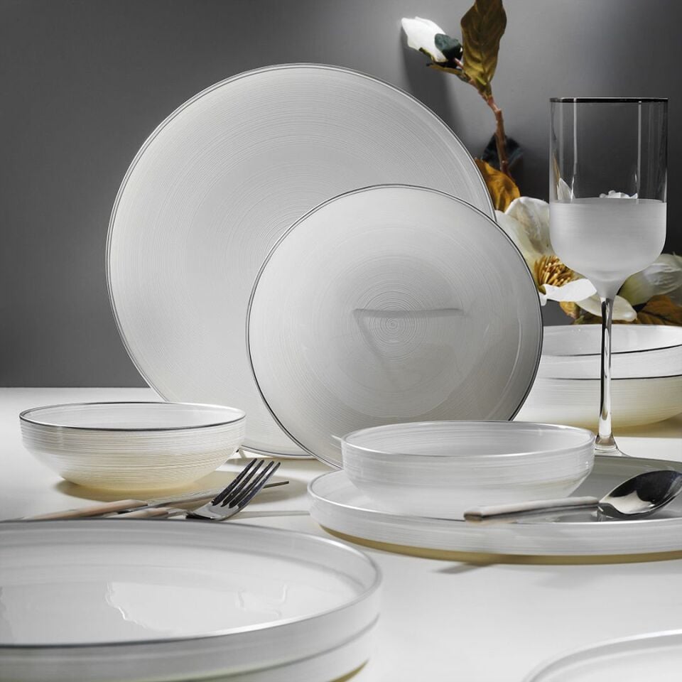 Fecra Circle Beyaz Gümüş Fileli 18 Parça Yemek Takımı