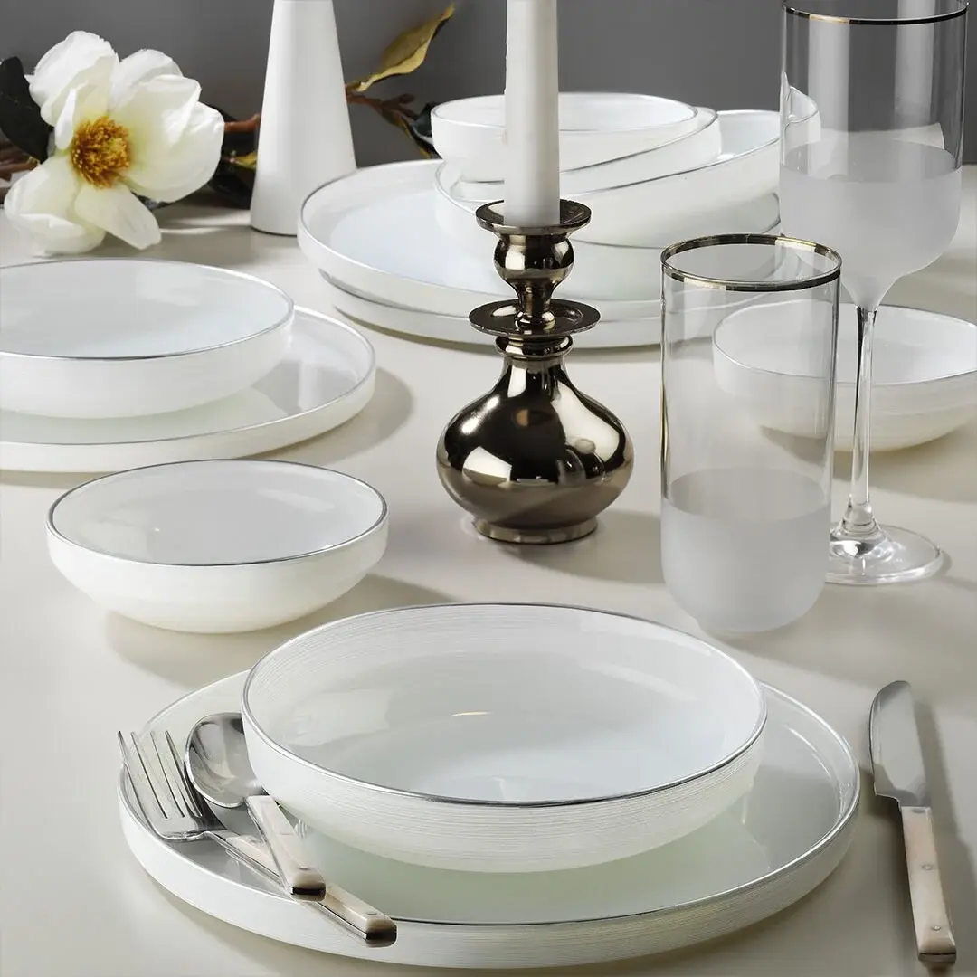 Fecra Circle Beyaz Gümüş Fileli 18 Parça Yemek Takımı