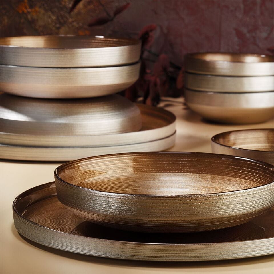 Fecra Circle 18 Parça Yemek Takımı Kahve Altın