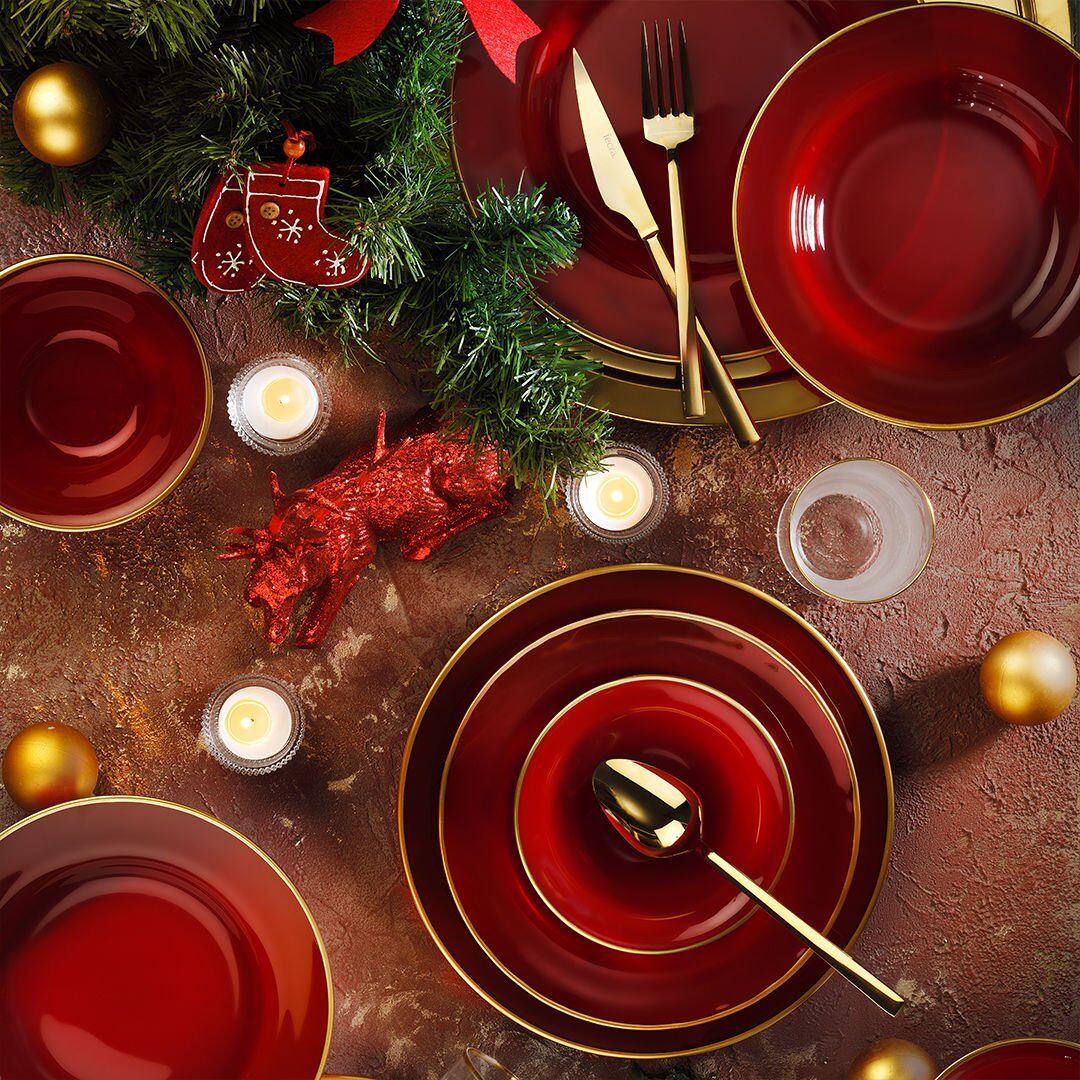 Fecra Glare 18 Parça Gold Fileli Yemek Takımı Kırmızı