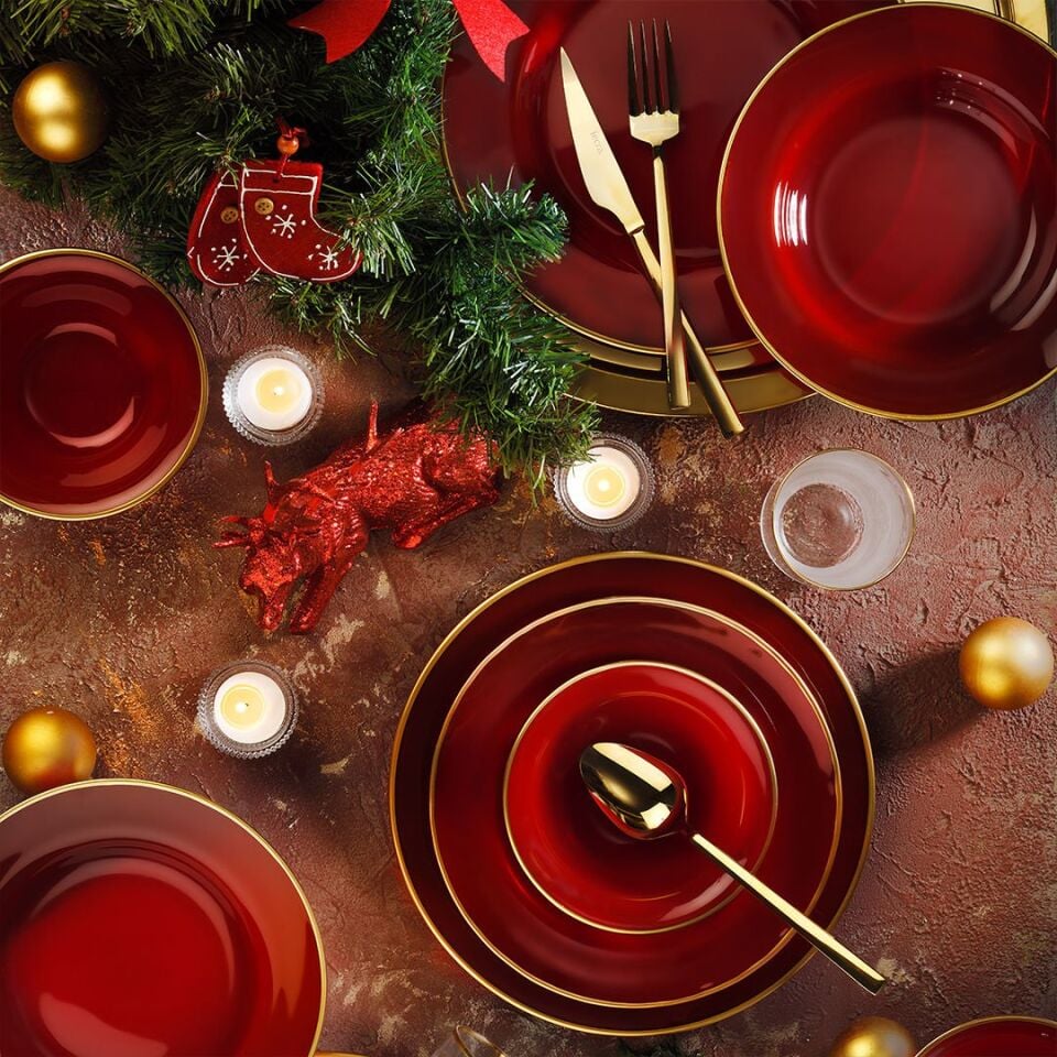 Fecra Glare 18 Parça Gold Fileli Yemek Takımı Kırmızı