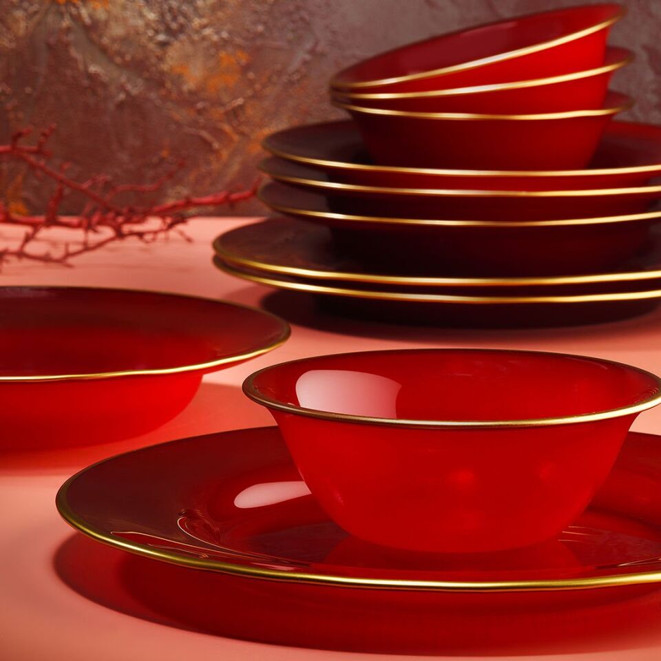 Fecra Glare 18 Parça Gold Fileli Yemek Takımı Kırmızı