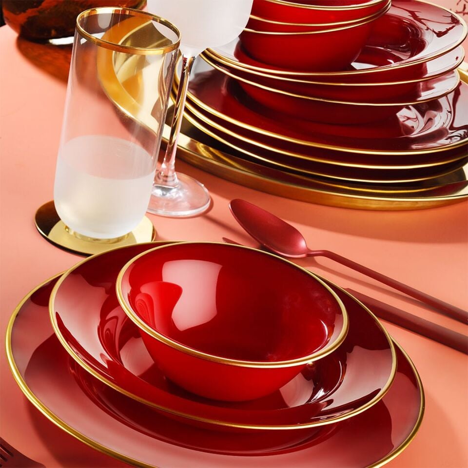 Fecra Glare 18 Parça Gold Fileli Yemek Takımı Kırmızı