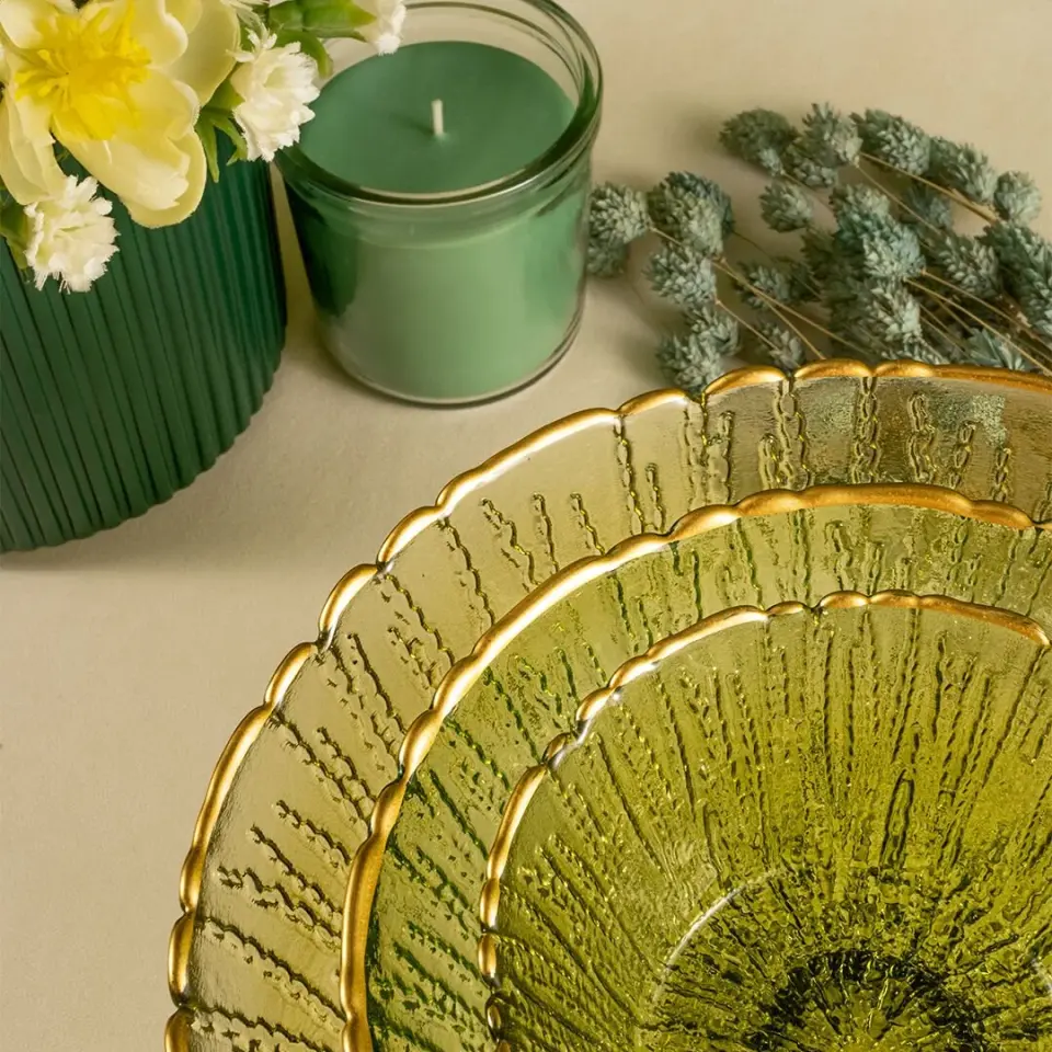 Fecra Rita 3'lü Cam Kase Seti Yeşil Altın Fileli