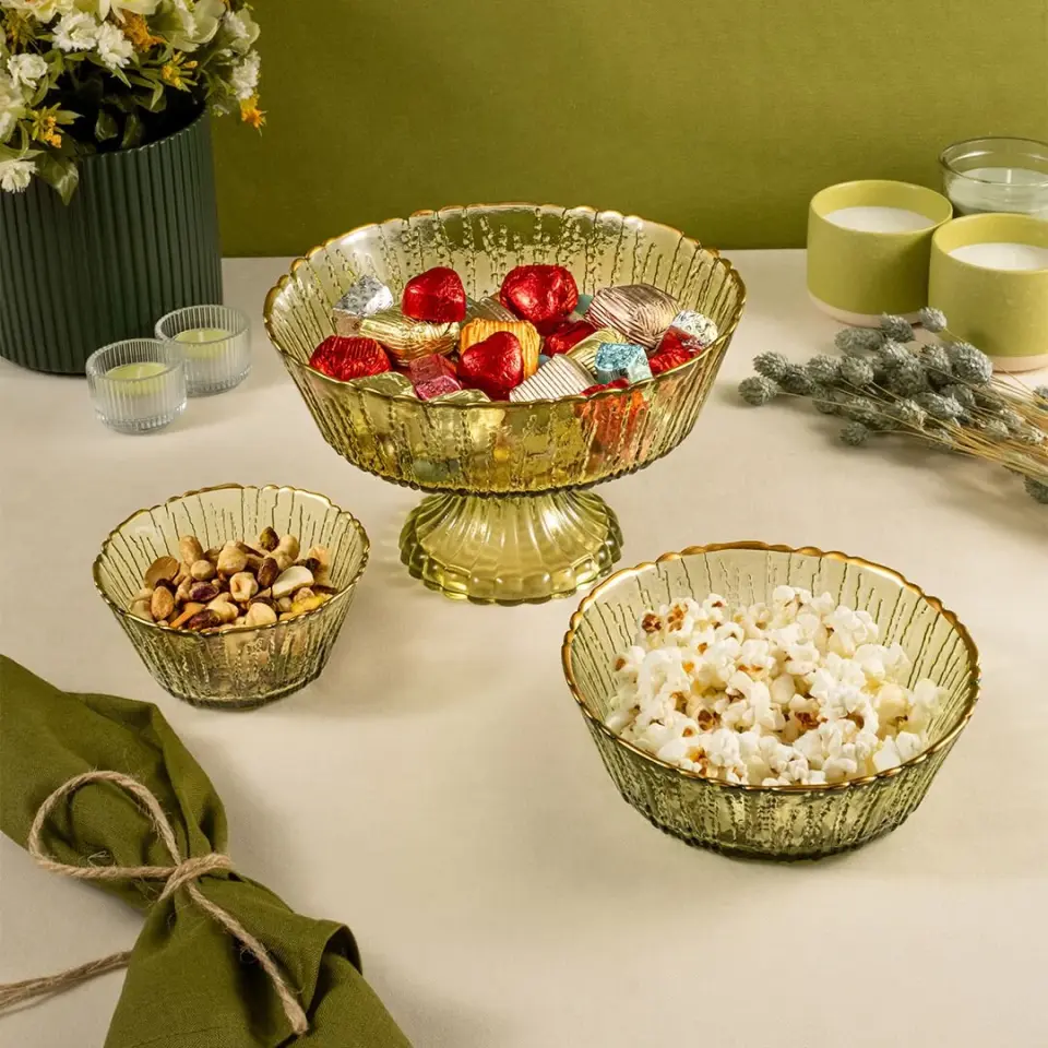 Fecra Rita 3'lü Cam Kase Seti Yeşil Altın Fileli