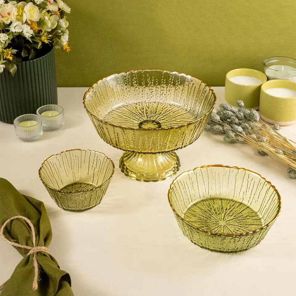 Fecra Rita 3'lü Cam Kase Seti Yeşil Altın Fileli