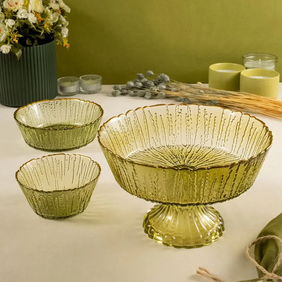 Fecra Rita 3'lü Cam Kase Seti Yeşil Altın Fileli