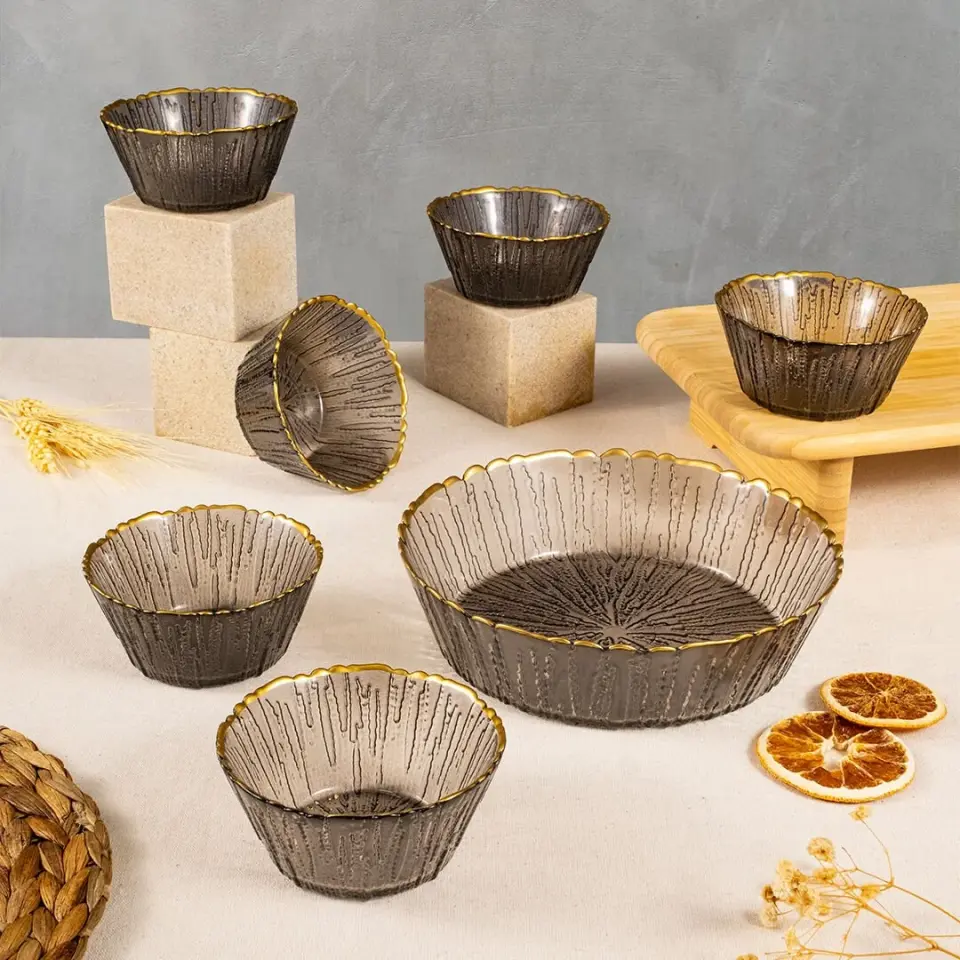 Fecra Fladen 7 Parça Kase Seti Antrasit Gold Fileli