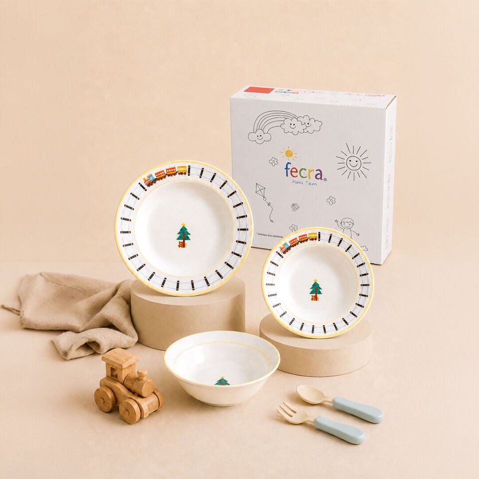 Fecra Neşeli Raylar 3 Parça Porselen Mama Takımı
