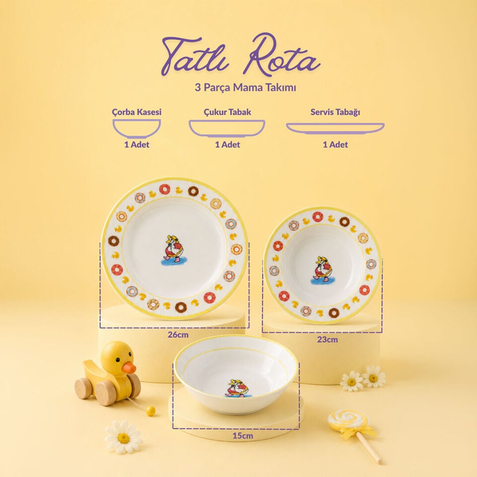 Fecra Tatlı Rota 3 Parça Porselen Mama Takımı