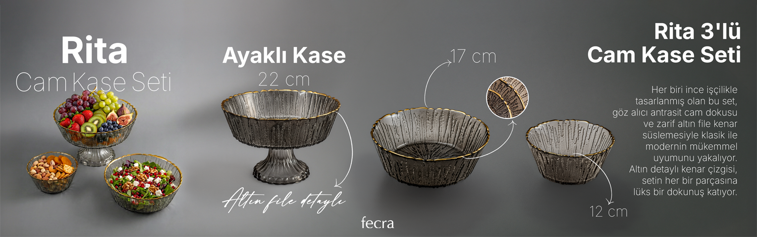Fecra Rita 3'lü Cam Kase Seti Antrasit Altın Fileli