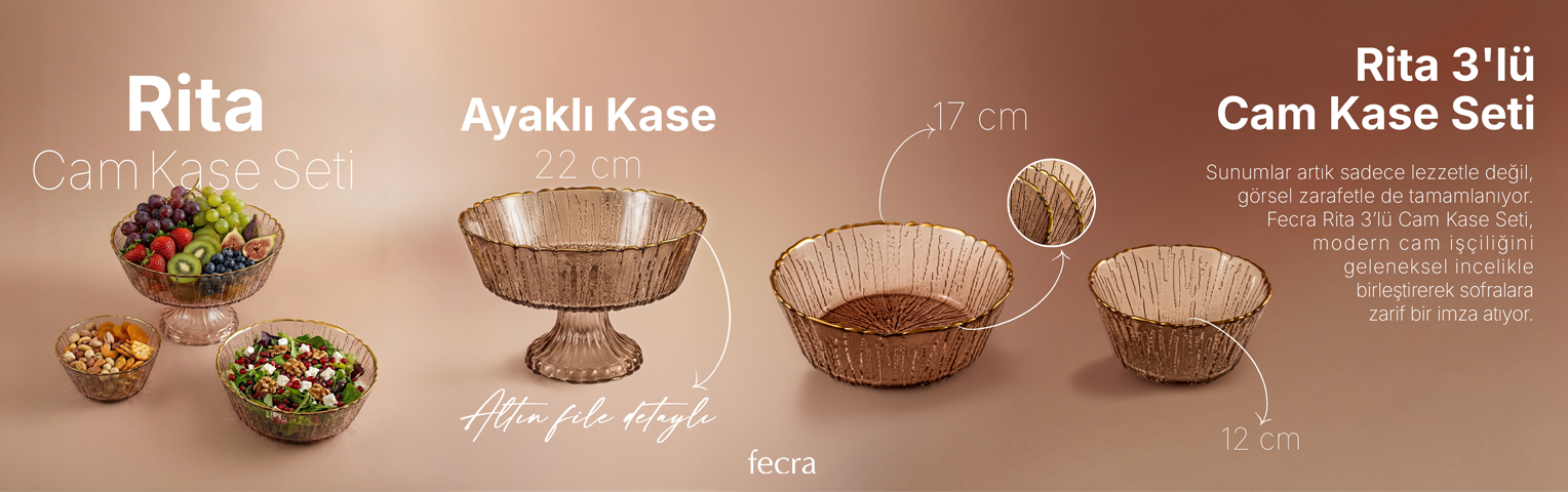 Fecra Rita 3'lü Cam Kase Seti Kahve Altın Fileli