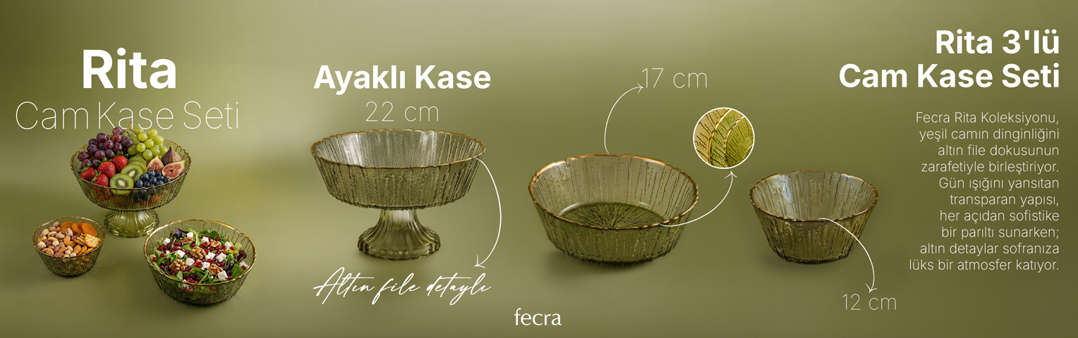 Fecra Rita 3'lü Cam Kase Seti Yeşil Altın Fileli