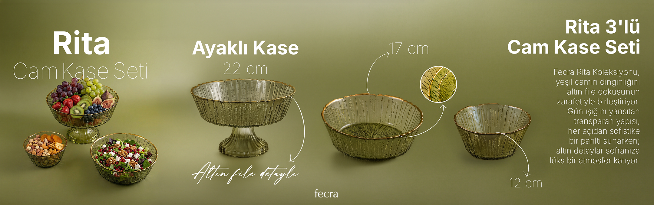Fecra Rita 3'lü Cam Kase Seti Yeşil Altın Fileli